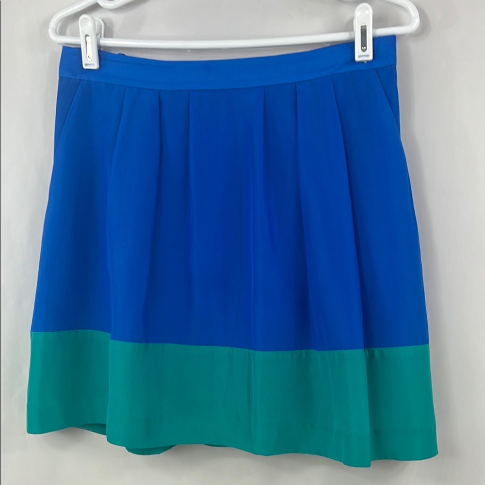 J. Crew Vibrant Blue & Green Feminine Mini A-Line‎ Skirt with Pleats Size 4